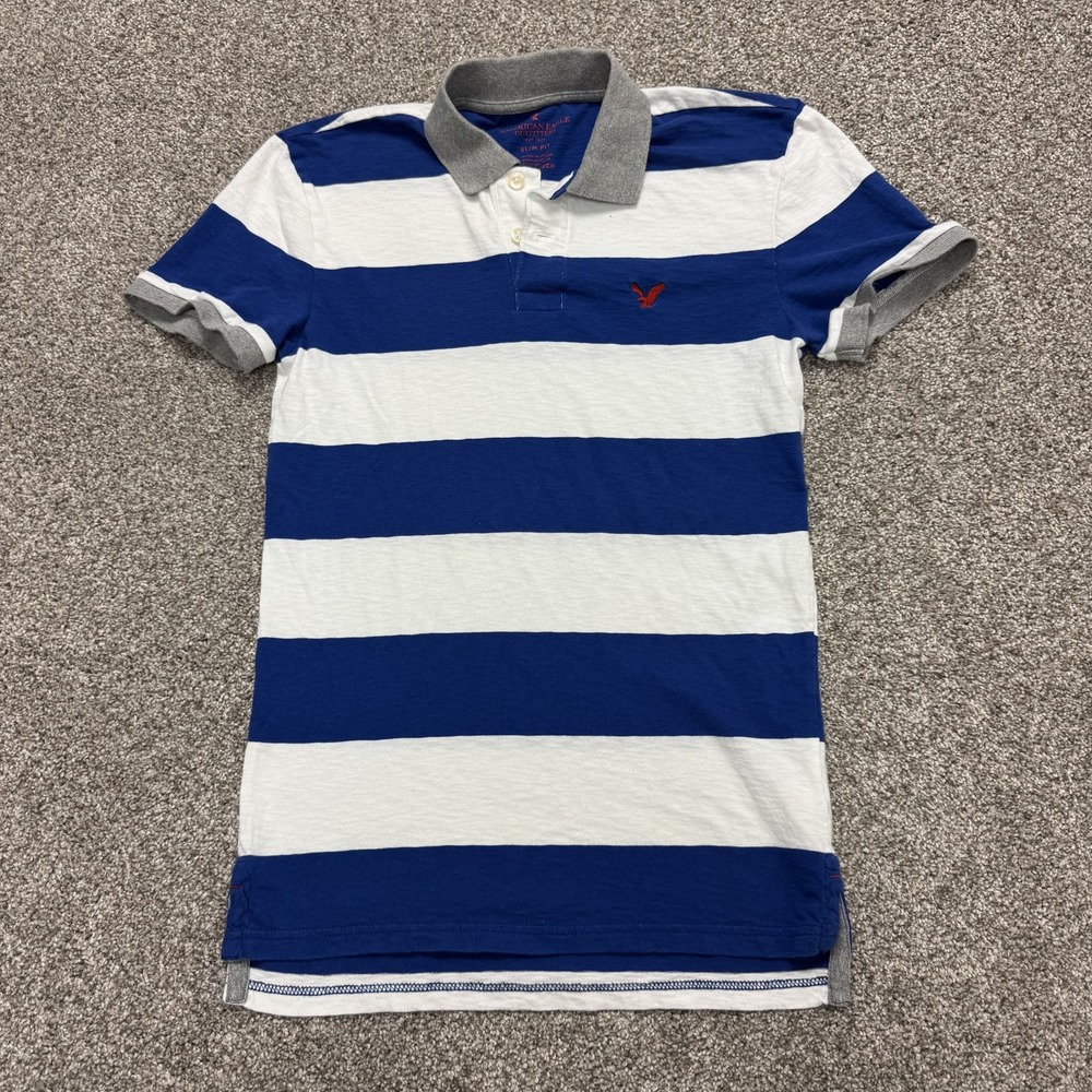 Y2K American Eagle Outfitters Polo Shirt Mens XS Blue Stripe Slim Fit